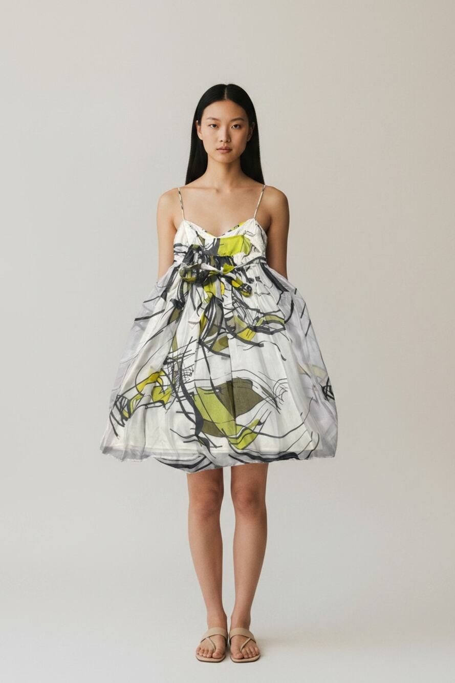 Barry Bricken Mini Dress Womens White Green Abstract Print Lined Spaghetti Strap